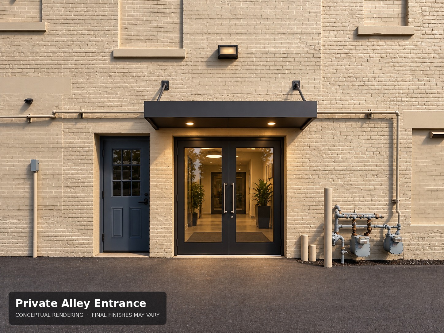 Conceptual rendering of Suite 103’s proposed private rear alley entrance with glass double doors and canopy